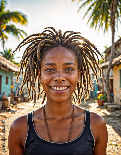 Beautiful smiling young jamaican woman with dreadlocks portrait - Generative AI photo