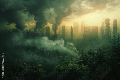 "Post-Apocalyptic Cityscape with Overgrown Forest and Smoky Skyscrapers at Sunset"