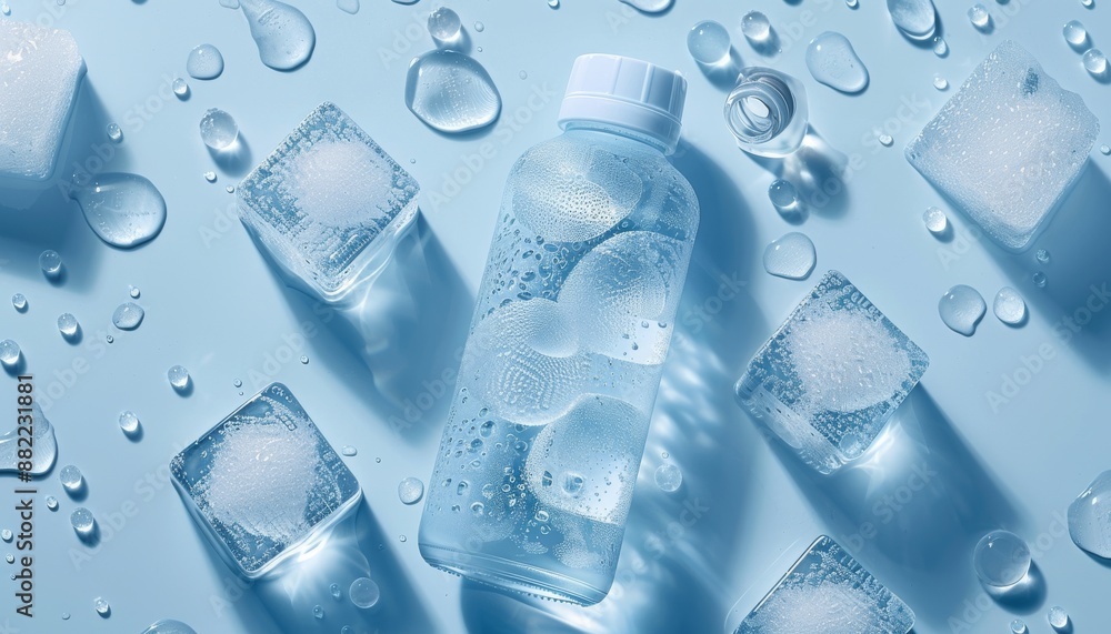 Refreshing scene of a water bottle and ice cubes on a light blue background, perfect for beverage concepts Refreshing scene of a water bottle and ice cubes on a light blue background, perfect for beverage concepts