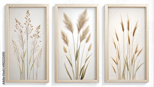set of three vertical poster, plant silhouette meadow grass, dry ear of grass,
