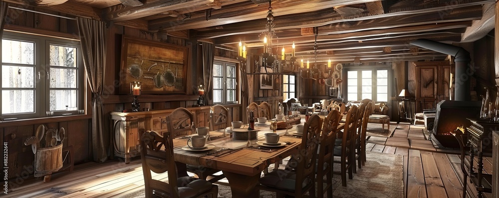 Rustic dining room with an empty table centerpiece. Rustic dining room with an empty table centerpiece.