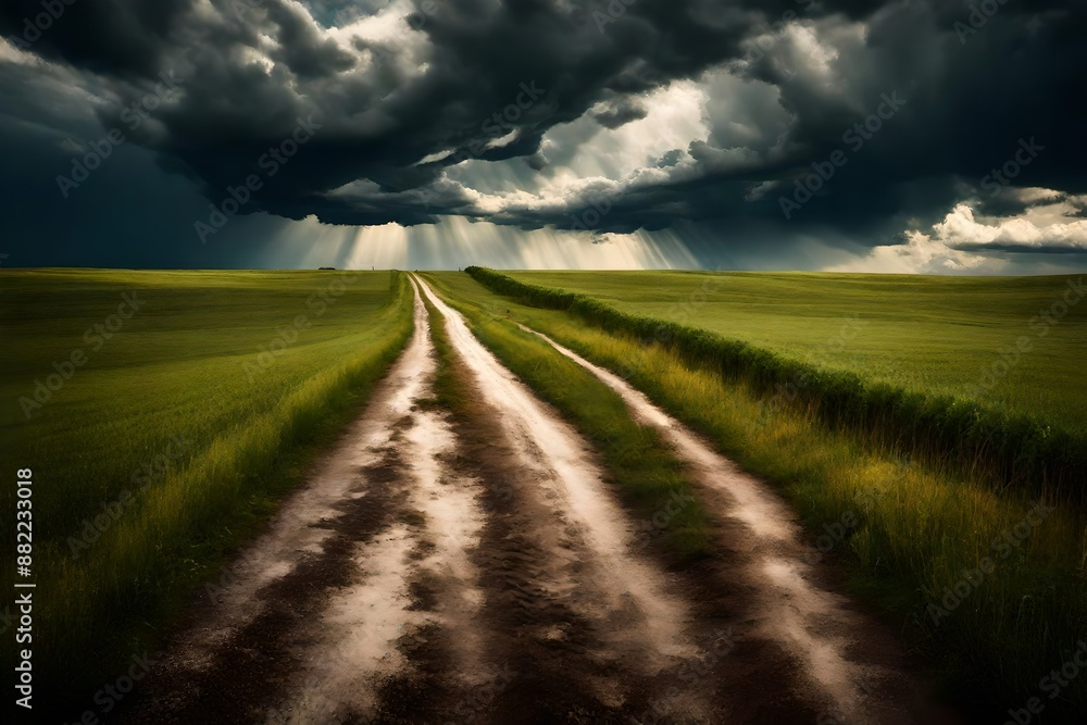 Road in field and stormy clouds. Road in field and stormy clouds.