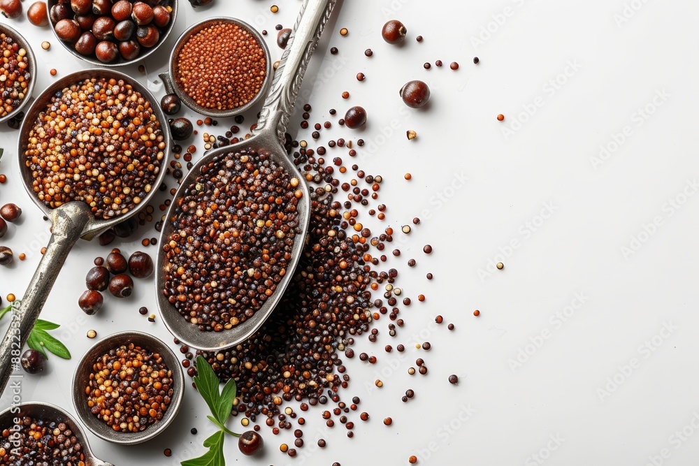 Minimalist mockup of red quinoa, white quinoa, black quinoa, quinoa seeds, white quinoa seeds, black quinoa seeds, red quinoa seeds in a metal measuring spoon, placed on a white background Minimalist mockup of red quinoa, white quinoa, black quinoa, quinoa seeds, white quinoa seeds, black quinoa seeds, red quinoa seeds in a metal measuring spoon, placed on a white background