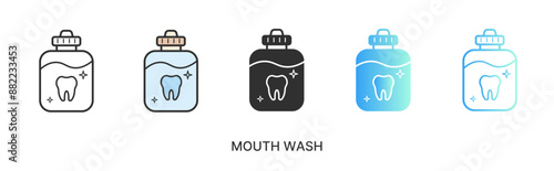 Vector mouth wash icon, teeth wash bottle icon in solid, gradient and line styles and lineal color. Trendy colors. Isolated on a white background. Editable stroke