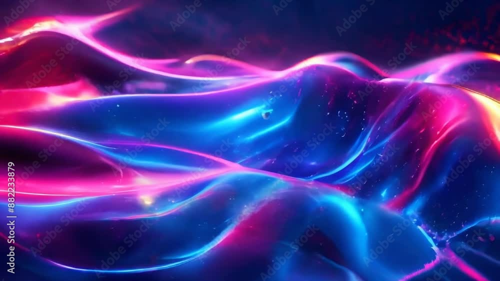 Abstract digital art depicting glowing blue and pink waves with scattered particles Abstract digital art depicting glowing blue and pink waves with scattered particles