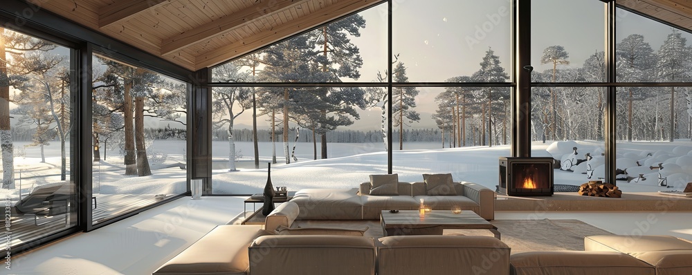 Fototapeta premium Scandinavian cabin with a minimalist design.