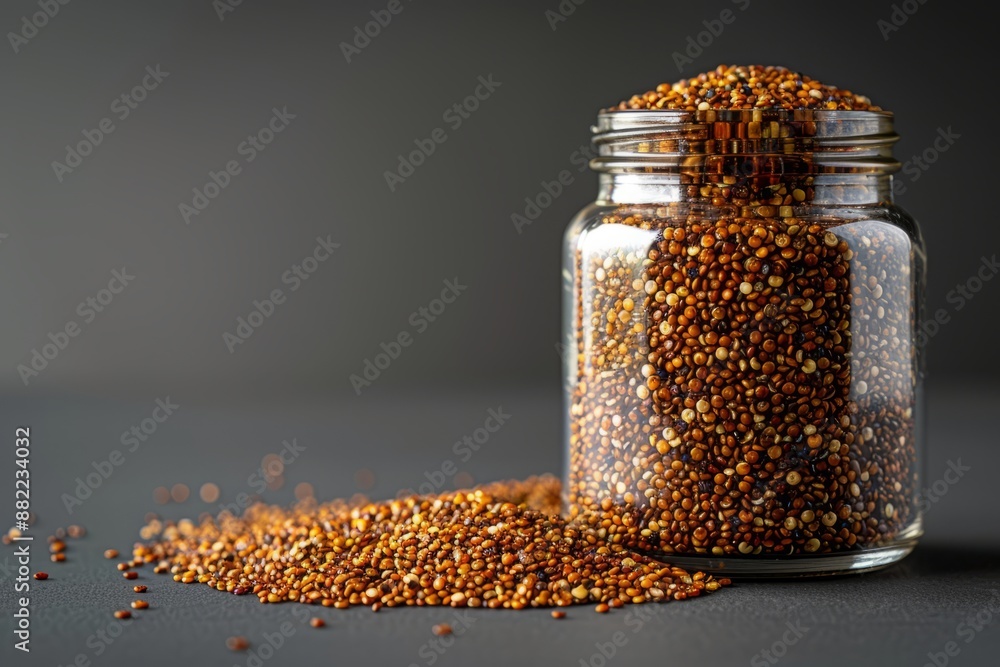 Minimalist mockup of red quinoa, black quinoa, white quinoa, quinoa seeds, white quinoa seeds, black quinoa seeds, red quinoa seeds stored in a transparent glass jar, plain dark background.