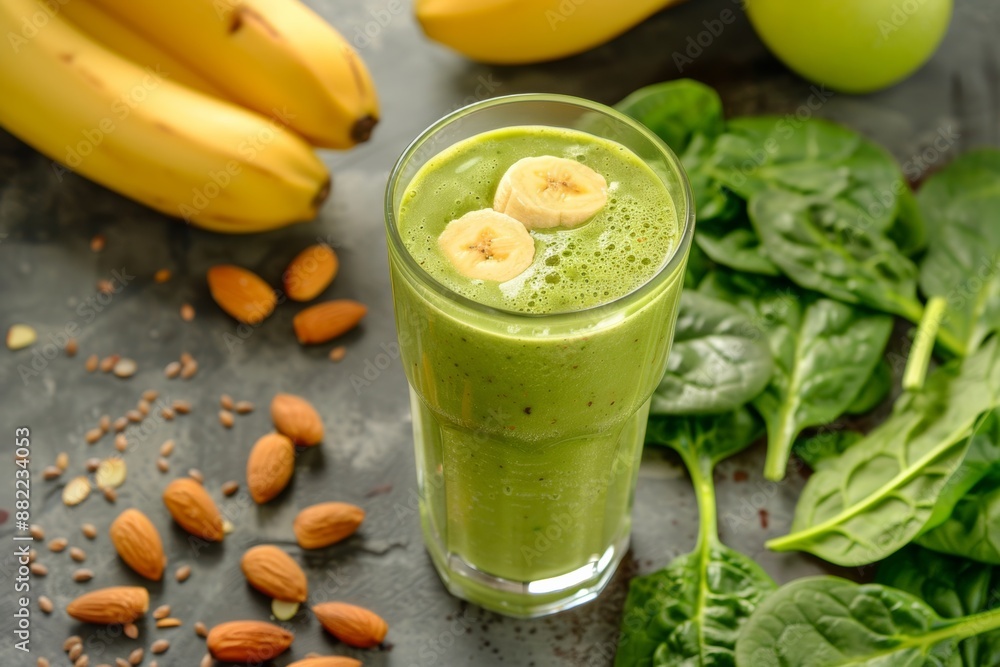 Nutrient-packed smoothie made with spinach, kale, banana, and almond milk, a quick and nutritious meal on the go. Nutrient-packed smoothie made with spinach, kale, banana, and almond milk, a quick and nutritious meal on the go.