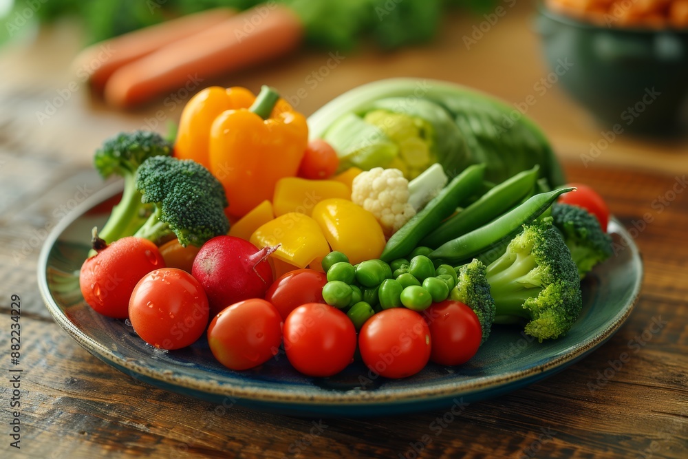Plate of vibrant mixed vegetables, showcasing the beauty and variety of nutritious eating. Plate of vibrant mixed vegetables, showcasing the beauty and variety of nutritious eating.