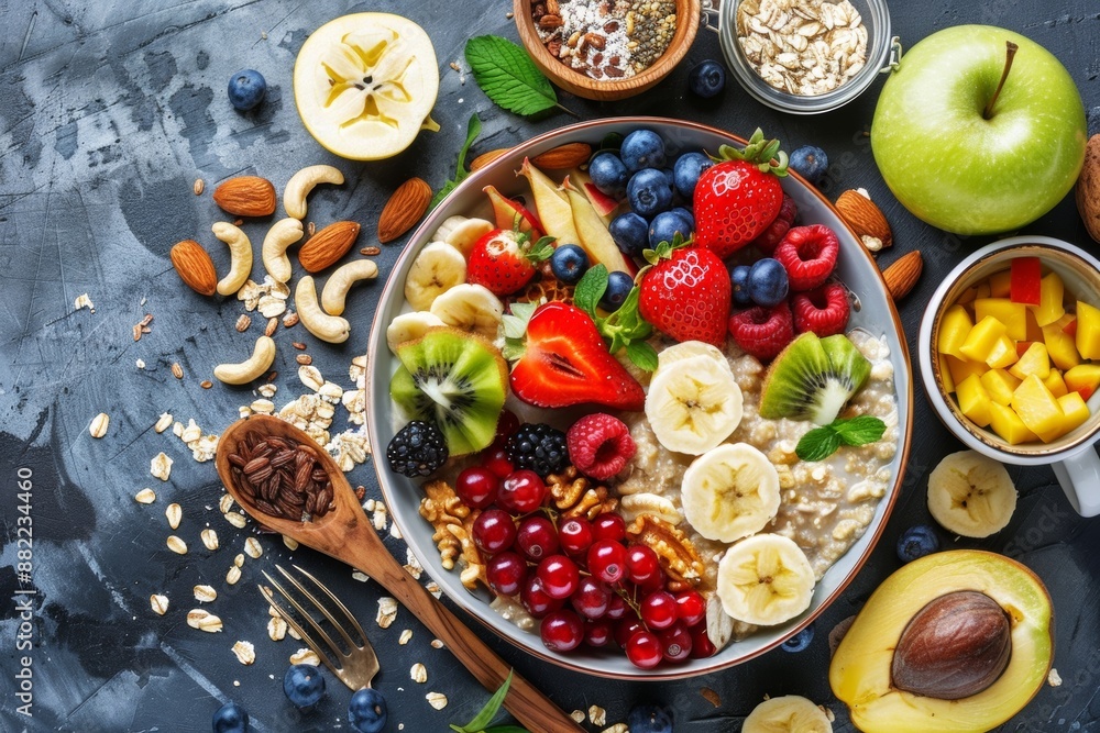 Wholesome breakfast spread with oatmeal, fruits, and nuts, perfect for a nutritious start to the day. Wholesome breakfast spread with oatmeal, fruits, and nuts, perfect for a nutritious start to the day.