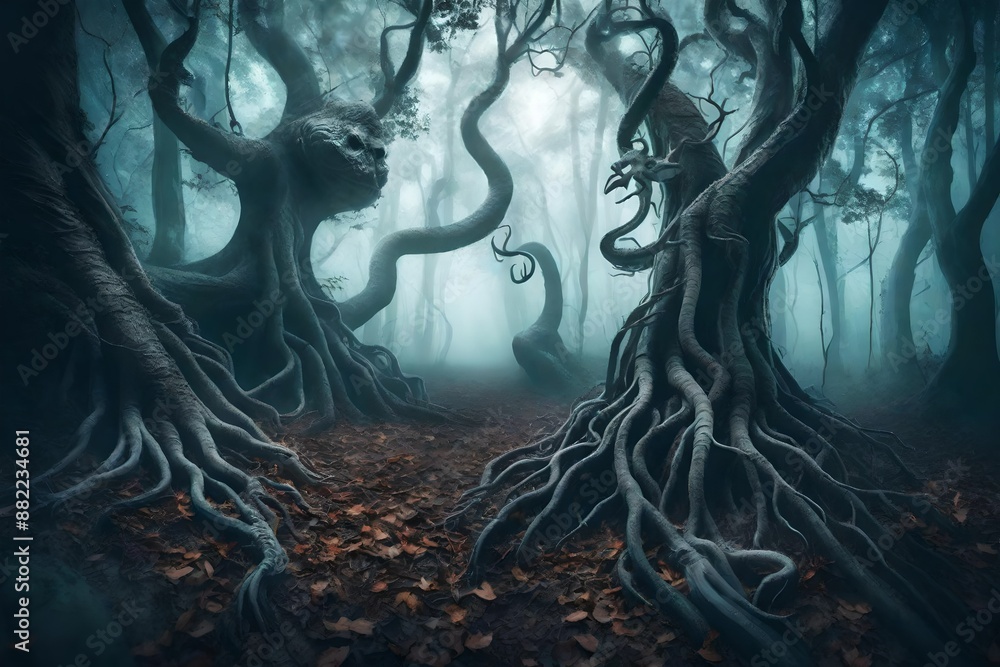 Spooky Halloween dead mysterious forest creepy trees with twisted roots ...