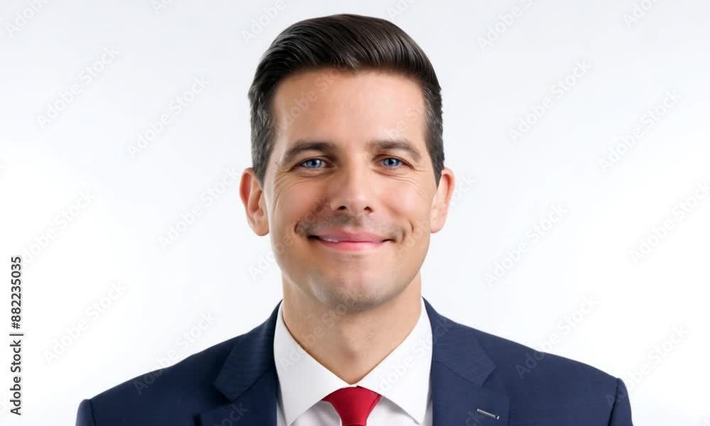 Young businessman with short dark hair and blue eyes is smiling while wearing a suit and tie in a studio portrait against a white background Young businessman with short dark hair and blue eyes is smiling while wearing a suit and tie in a studio portrait against a white background