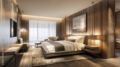 Luxury modern and contemporary hotel room interior, Cozy modern bedroom suite, Big double bed © Yeivaz
