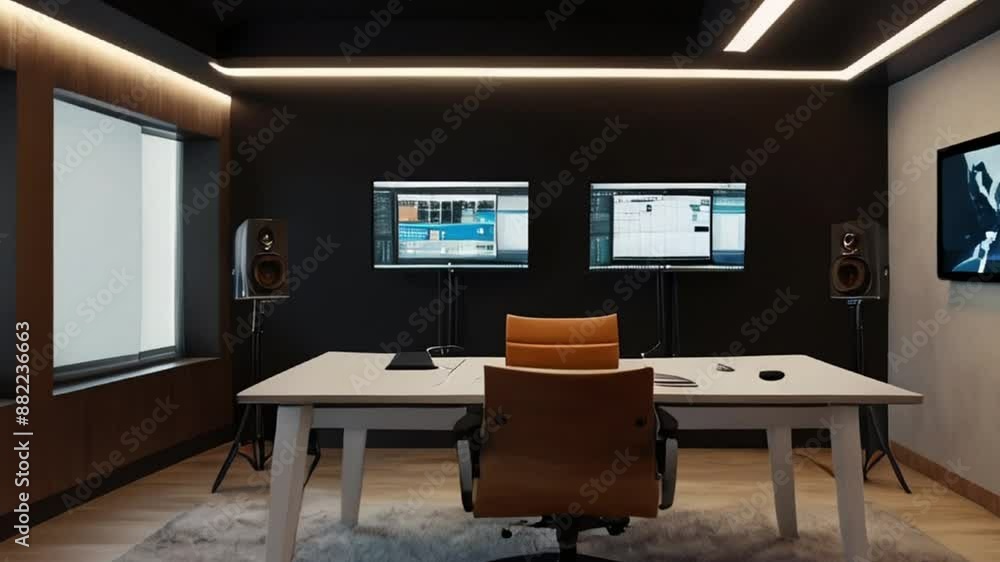 Modern Home Studio with Desk, Monitors, Speakers, and Window View Modern Home Studio with Desk, Monitors, Speakers, and Window View