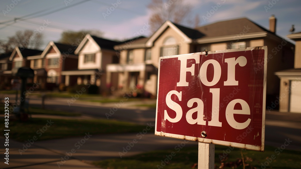 A For Sale sign in front of suburban homes, indicating real estate opportunities in a residential neighborhood. A For Sale sign in front of suburban homes, indicating real estate opportunities in a residential neighborhood.