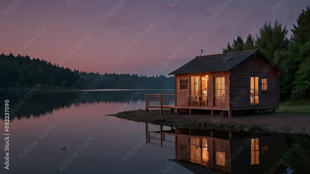 Rustic Cabin with Lights On by the Lake at Dusk Rustic Cabin with Lights On by the Lake at Dusk