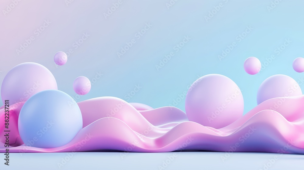 A pink and blue wave of bubbles with pink and blue spheres A pink and blue wave of bubbles with pink and blue spheres