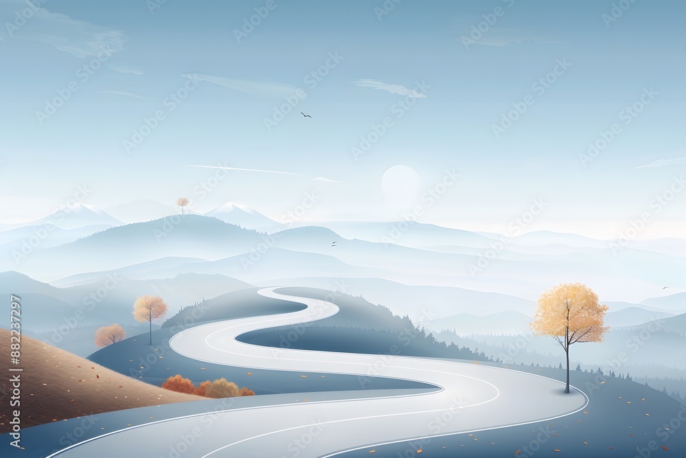 Obraz premium Curvy mountain road in a serene autumn landscape with misty hills and bare trees under a pastel sky.