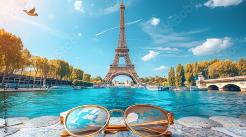 A Pair of Sunglasses Resting on the Seine, Eiffel Tower in the Background