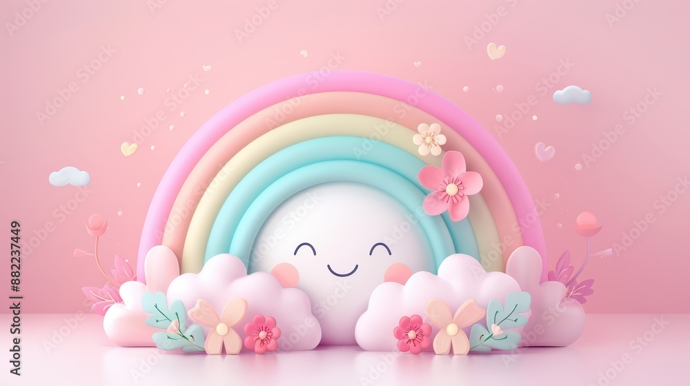 A colorful rainbow with a smiling face and flowers surrounding it A colorful rainbow with a smiling face and flowers surrounding it