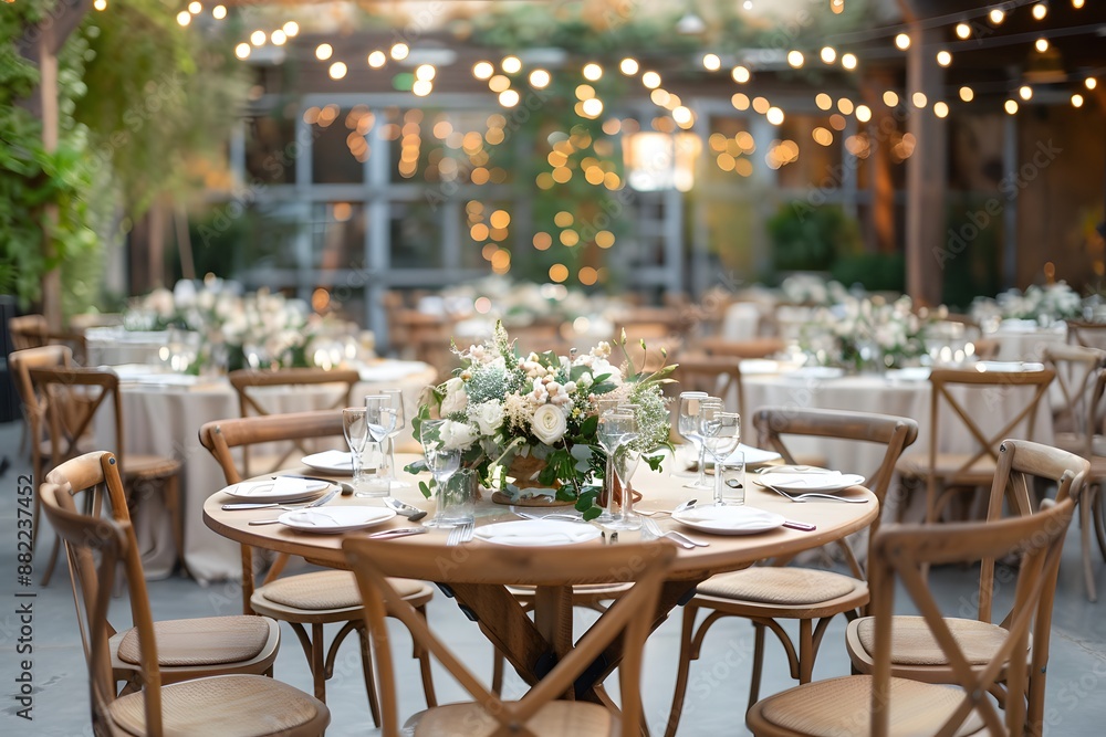Elegant outdoor wedding reception with decorated tables and string lights creating romantic ambiance Elegant outdoor wedding reception with decorated tables and string lights creating romantic ambiance
