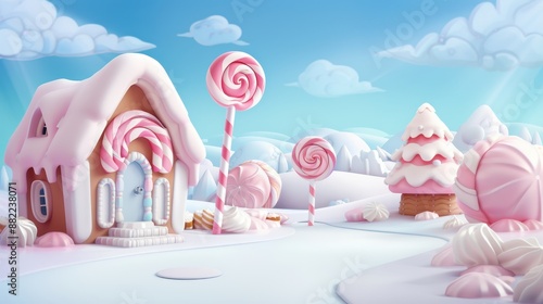 A cartoon scene of a candy house with a pink house and pink candy