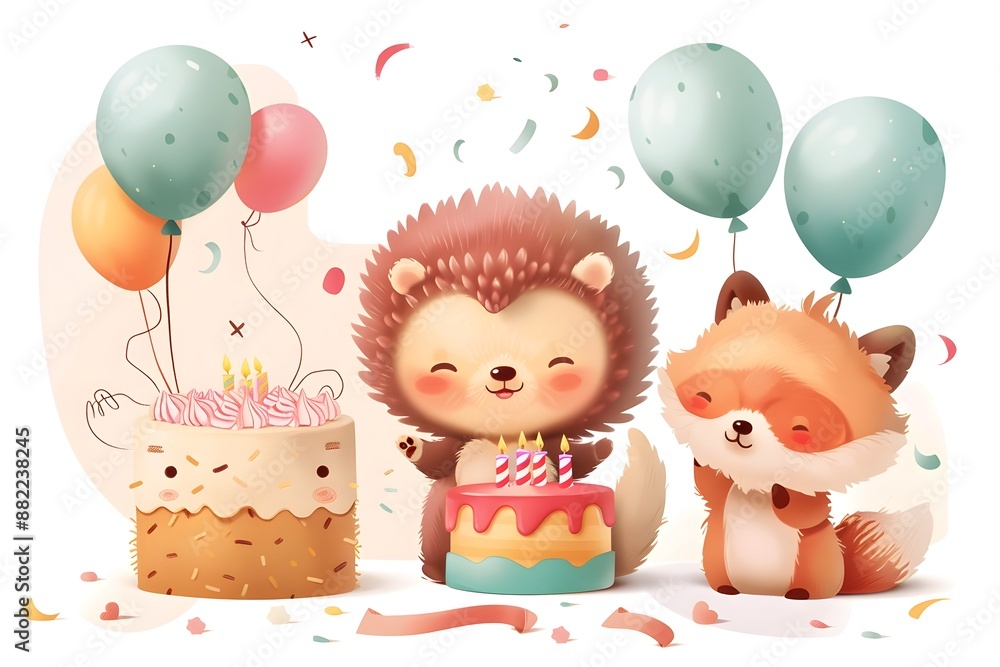 Obraz premium Adorable hedgehog and fox celebrating a birthday with cakes, balloons, and festive decorations.