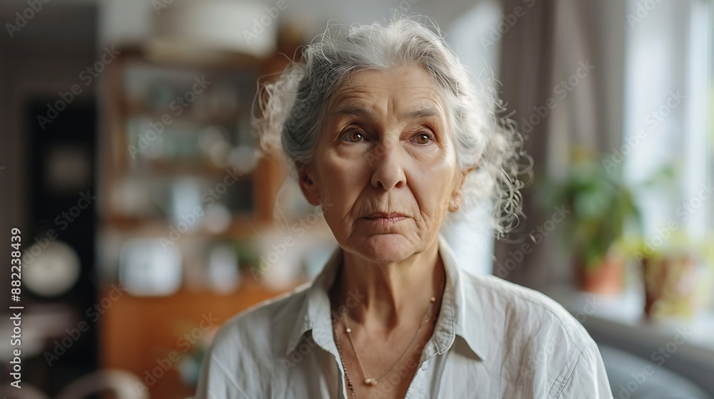Indoor head shot portrait of serious positive old mature woman in casual looking at camera, posing at home, promoting retirement, elderly healthcare. Senior grandmother woman video call screen Indoor head shot portrait of serious positive old mature woman in casual looking at camera, posing at home, promoting retirement, elderly healthcare. Senior grandmother woman video call screen