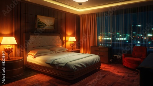 Luxury modern and contemporary hotel room interior, Cozy modern bedroom suite, Big double bed