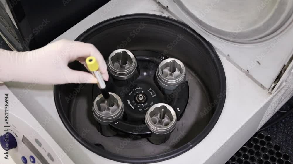 Laboratory assistant puts a urine test into the machine Laboratory assistant puts a urine test into the machine