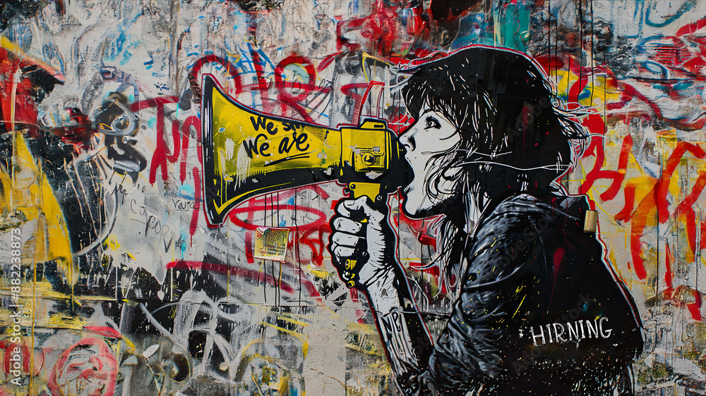 Obraz premium A woman speaking through a megaphone, 