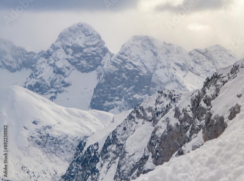 Snowy mountains on winter season panorama/view/wallpaper