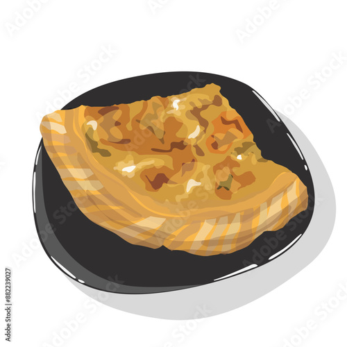 Traditional Greek savory open pumpkin pie (kolokithopita in Greek) baked in the oven with courgettes, leeks, onions, carrots, feta cheese and puff pastry. Food vector illustration.