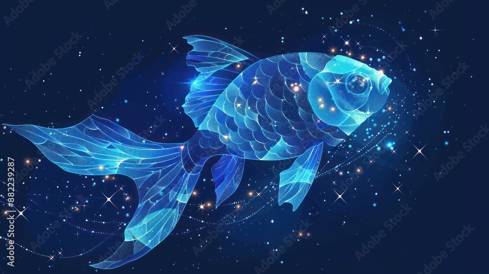 Celestial Fish: A shimmering constellation of a fish against a dark blue night sky. Celestial Fish: A shimmering constellation of a fish against a dark blue night sky.