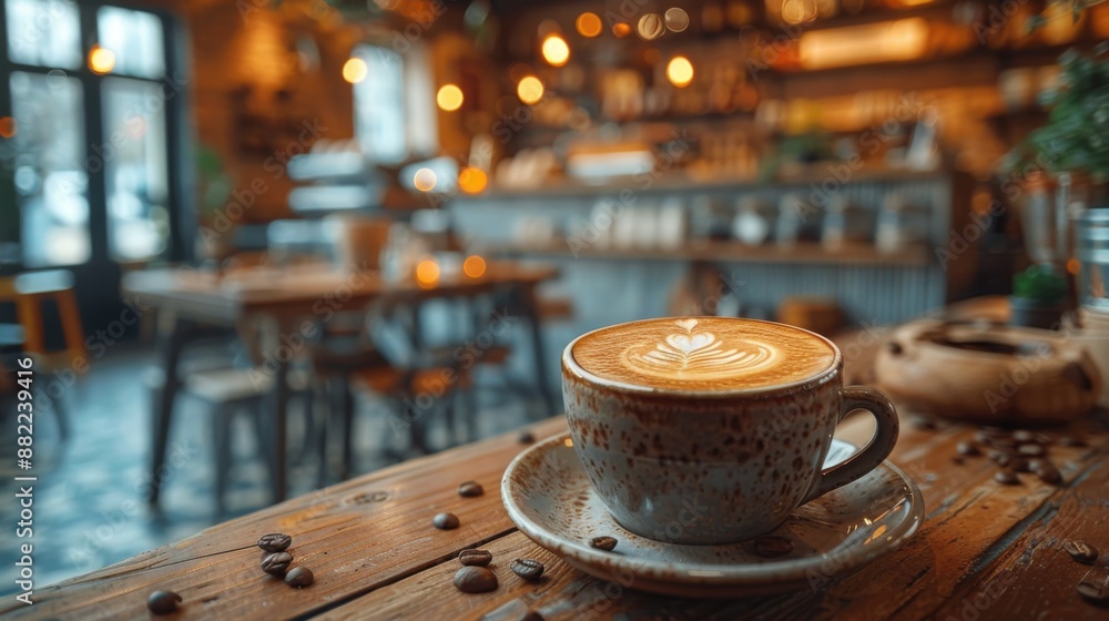 A steaming cup of coffee with latte art on a rustic wooden table in a cozy cafe. A steaming cup of coffee with latte art on a rustic wooden table in a cozy cafe.
