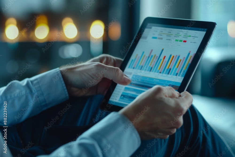 Businessman Analyzing Financial Data on Tablet. Businessman Analyzing Financial Data on Tablet.
