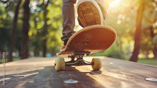 Close-up of a skateboarder's foot on a skateboard, riding on a wooden surface with a sunlit park background.