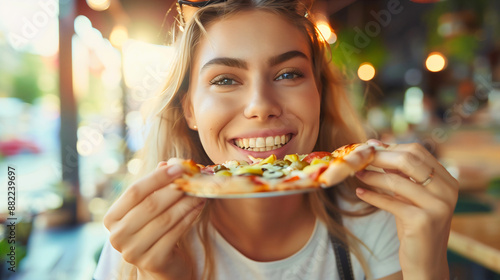 A young, beautiful Caucasian girl, smiling blonde woman with sunglasses, sits in a restaurant, pizzeria, or café, holding a delicious slice of pizza. The female customer enjoys fast food from the menu
