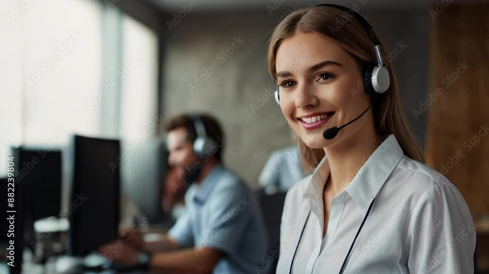 Smiling Customer Service Representative Wearing Headset in Office Smiling Customer Service Representative Wearing Headset in Office