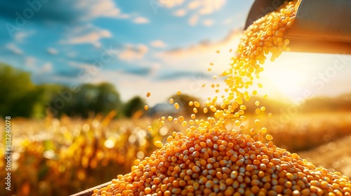 A farm machine pouring harvested corn into a container.