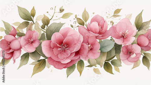 Watercolor floral border wreath with green leaves, pink peach blush and flower branches