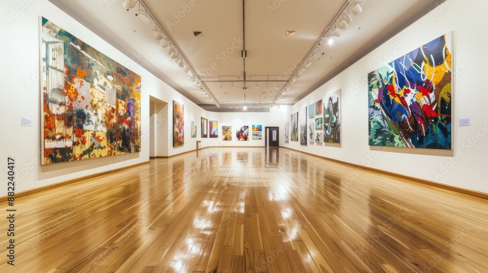 Modern Abstract Art Gallery with Colorful Digital Art. Large Paintings on White Walls and Wooden Floor Modern Abstract Art Gallery with Colorful Digital Art. Large Paintings on White Walls and Wooden Floor