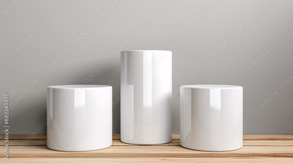A set of three white cylindrical podiums of varying heights.