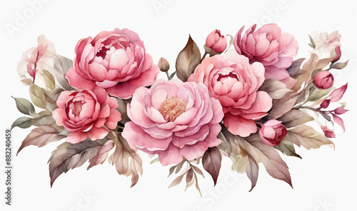 Watercolor bouquet pink flowers watercolor on white background,  bouquet flowers watercolor
