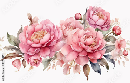 Watercolor floral border wreath with green leaves, pink peach blush and flower branches