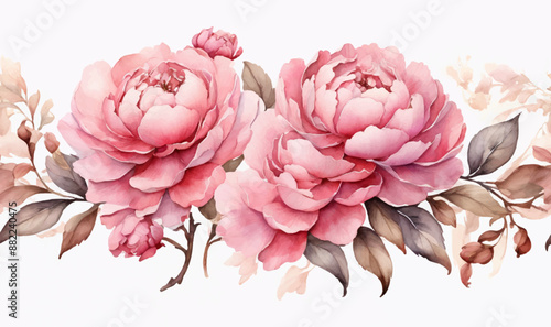 Watercolor floral border wreath with green leaves, pink peach blush and flower branches