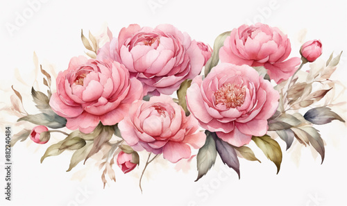 Watercolor floral illustration. Pink flowers and eucalyptus greenery bouquet. Dusty roses, soft light blush peony - border, wreath, frame. Perfect wedding stationary, greetings, fashion, background