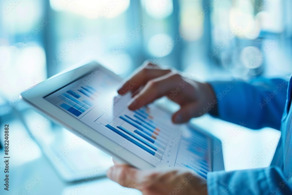 Close-up of a hand analyzing financial data on a tablet. Close-up of a hand analyzing financial data on a tablet.