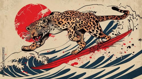 traditional Japanese tattoo style, leopard pouncing on a surfboard