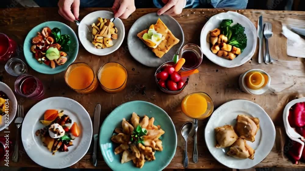Overhead View of a Table Spread with Various Dishes, Drinks, and Food Overhead View of a Table Spread with Various Dishes, Drinks, and Food
